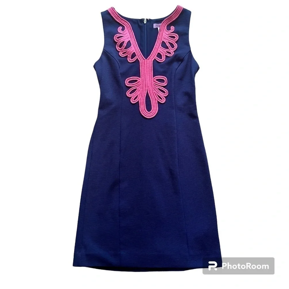 LILLY PULITZER Janice Navy Coral Knit Shift Embroidered Mini Dress Size XS - Picture 2 of 7